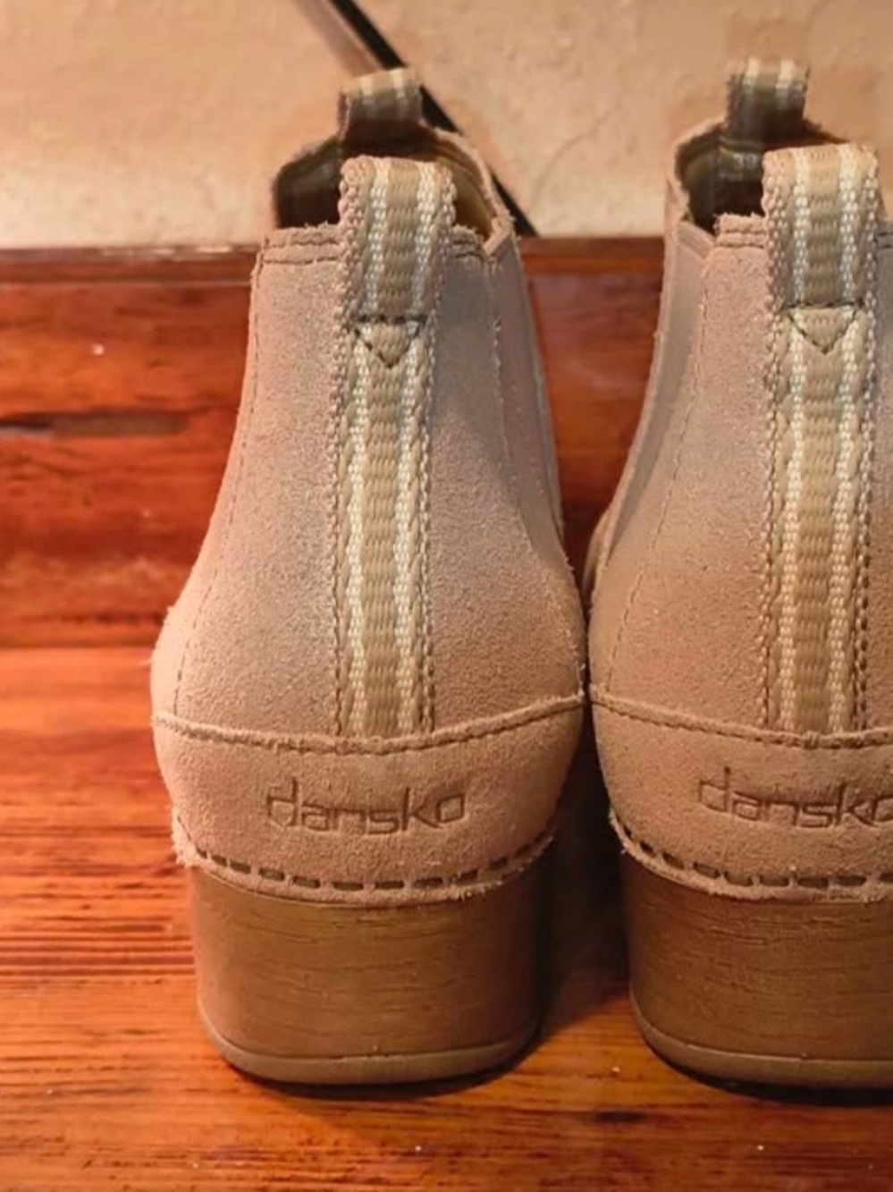 Dansko Beige Suede Ankle Boots with Stacked Heel